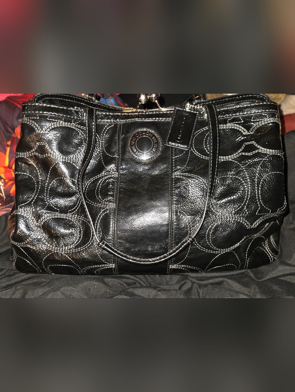 COACH Signature Stitched Patent Leather Kisslock Carryall Black